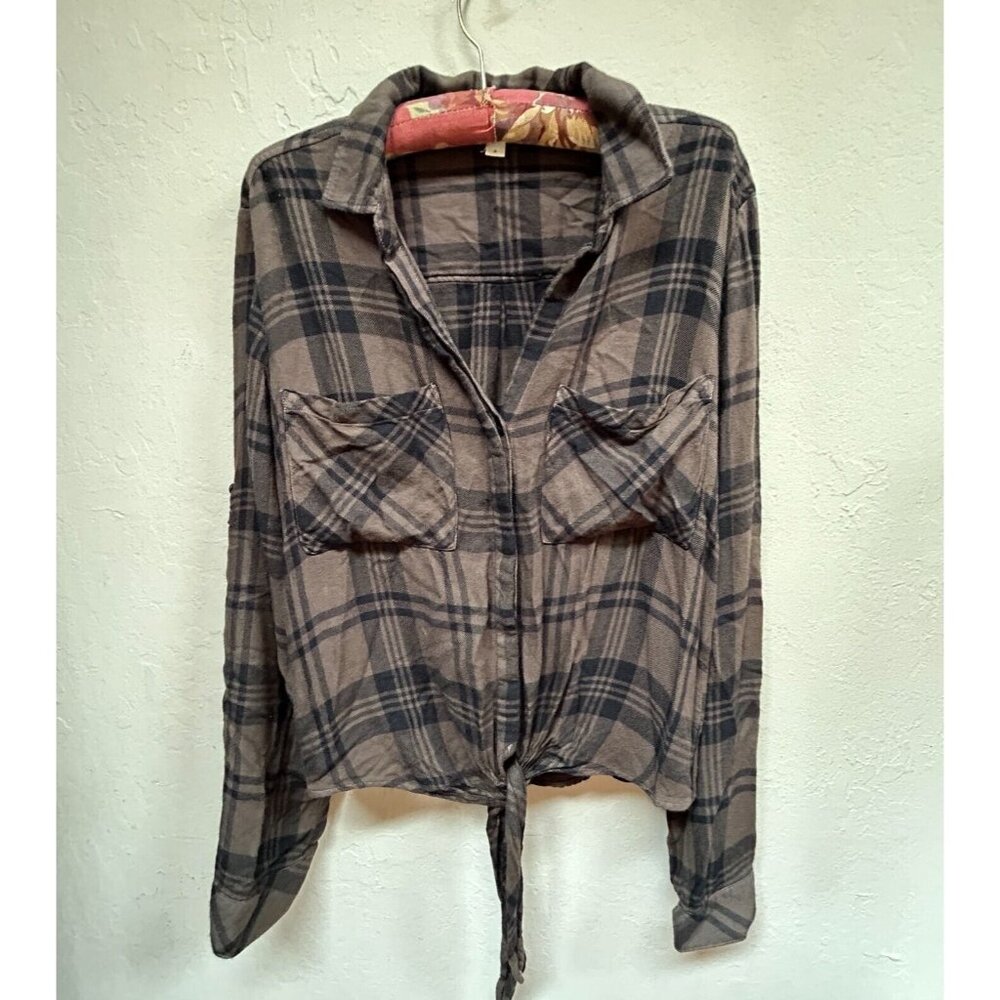 Cloth & Stone Women's Small Plaid Tie Front Button Down Shirt Long Sleeve Brown